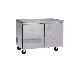 Brand new 2022 Delfield Coolscapes GUR48P-S-FD stainless steel 2-door undercounter refrigerator. 48", 115V, on wheels.