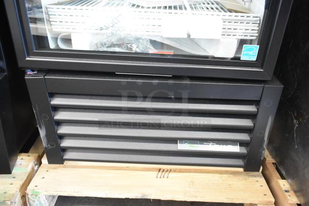 BRAND NEW True GDM-23-HC cooler, single door, black metal, poly coated racks, visible scratch, Energy Star label.