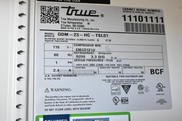 Brand new True GDM-23-HC metal cooler, single door, poly coated racks, 115V, 1 phase. Scratch and dent condition.