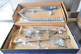Brand new Waterloo 750PRW816 wall-mounted pre-rinse faucet with 8" centers, 16" add-on faucet, in original packaging.