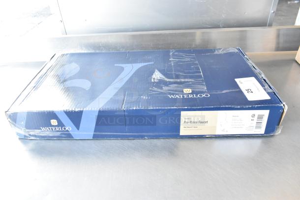 Box of Waterloo 750PRW816 wall-mounted pre-rinse faucet, brand new, slight box damage, features 1.15 GPM flow, 16" add-on faucet.