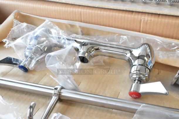 Brand new Waterloo 750PRW816 pre-rinse faucet, 8" centers, 16" add-on faucet, 1.15 GPM, in original packaging.
