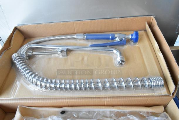Brand new Waterloo 750PRW816 wall-mounted pre-rinse faucet, 1.15 GPM, with 8" centers and 16" add-on. In original packaging.