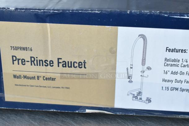 Brand new Waterloo 750PRW816 pre-rinse faucet, 8" wall-mount, 1.15 GPM, with 16" add-on faucet, shown in original packaging.