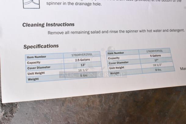Brand new Waring 2.5-gallon salad spinner, model 31JE27, with slight cosmetic defects. Includes specs and cleaning guide.