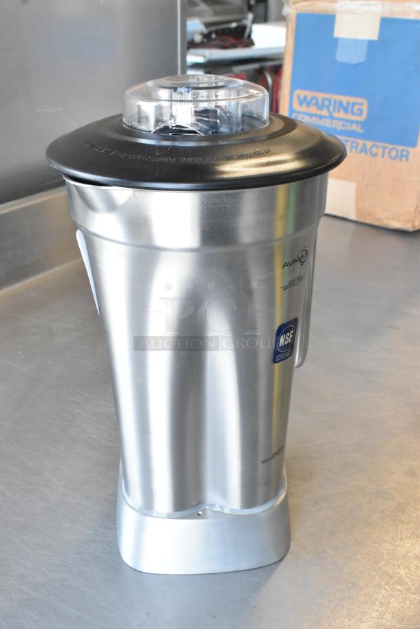 AvaMix stainless steel blender pitcher, scratch and dent condition, no lid, NSF certified, durable and sleek design.