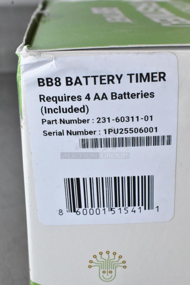 Box with label for BB8 Battery Timer, requires 4 AA batteries, part number 231-60311-01, serial number 1PU25506001.