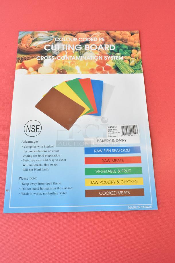 Nine new scratch and dent cutting boards, color-coded, including Winco CBRD-1824. Hygienic, anti-chip, diverse use.