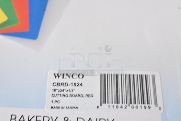 Image of a Winco CBRD-1824 cutting board label, 18x24x0.5 inches, red, made in Taiwan. Part of a lot of 9 new scratch and dent boards.