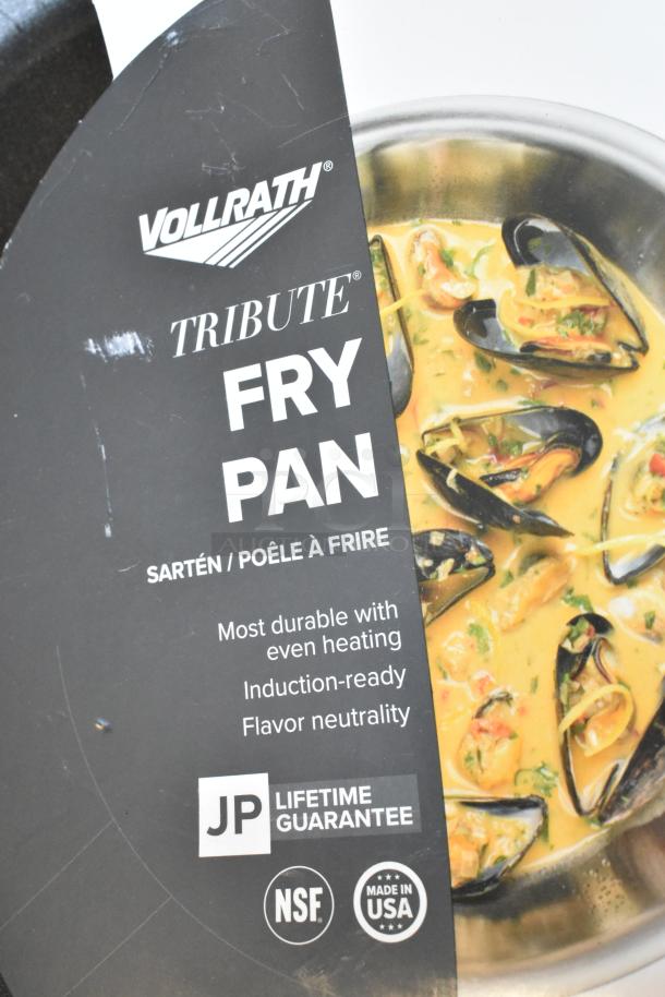Vollrath Tribute Fry Pan label close-up; features induction-ready, durable heating, NSF certified, Made in USA.