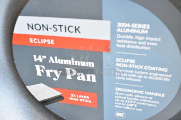 Vigor A3000 Series 14" Aluminum Fry Pan tag detailing non-stick Eclipse coating, ergonomic silicone grip, and durability.