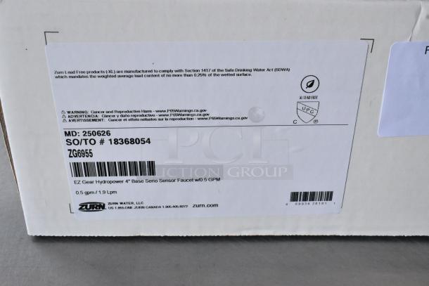 Zurn ZG6955 Faucet box with labeling indicating model, SO/TO number, and compliance with lead-free regulations.