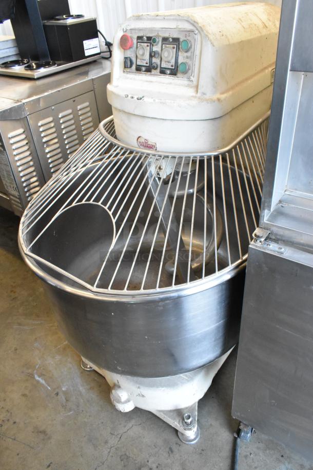 HL-17066-K 66 kg spiral dough mixer with stainless steel bowl, bowl guard, and dough hook. Visible controls. 220V, 3-phase.