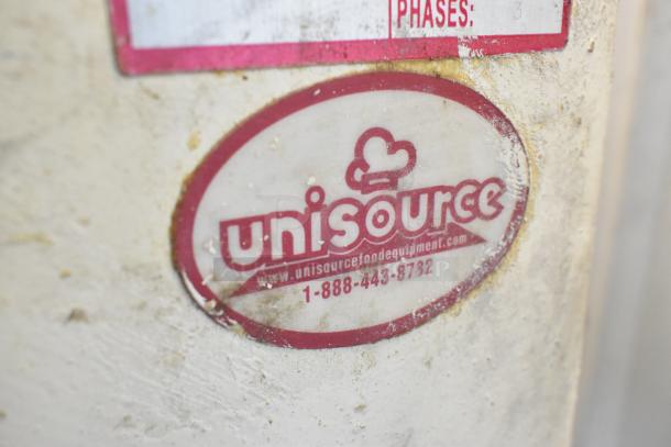 Unisource label on HL-17066-K metal commercial spiral dough mixer, emphasizing 66 kg capacity and stainless steel features.
