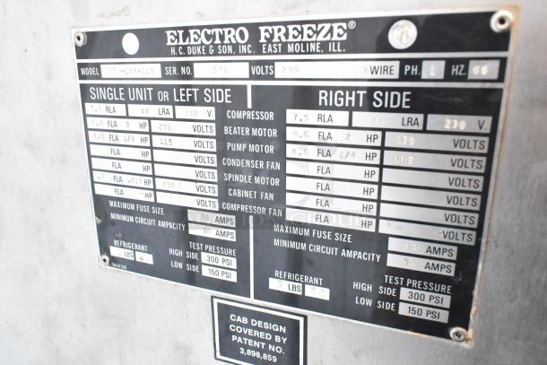 Electro Freeze 30TN-CAB-113 stainless steel soft serve machine label showing specifications and patent details.