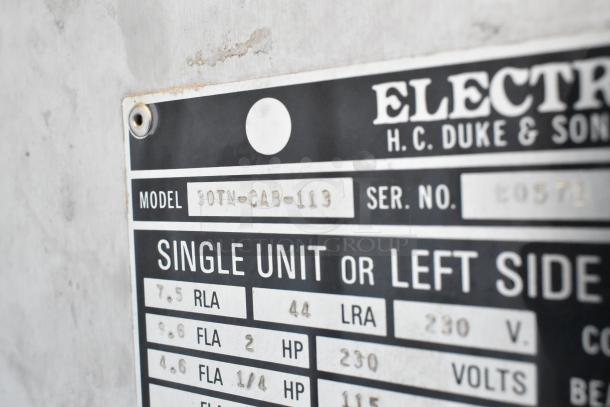 Electro Freeze 30TN-CAB-113 label showing model and serial number plate, highlighting key specifications.