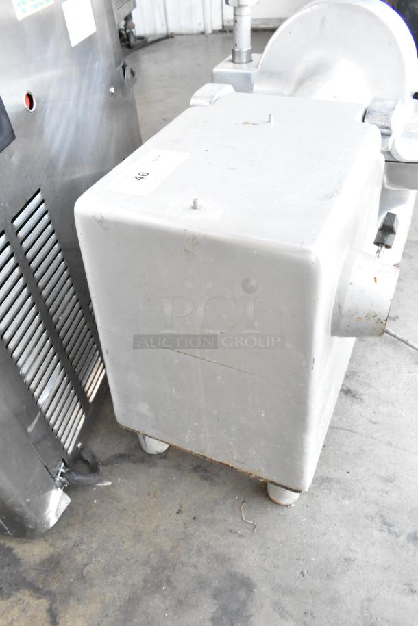 Univex metal commercial countertop Buffalo chopper with S blade, used condition, slight wear, item tag visible.