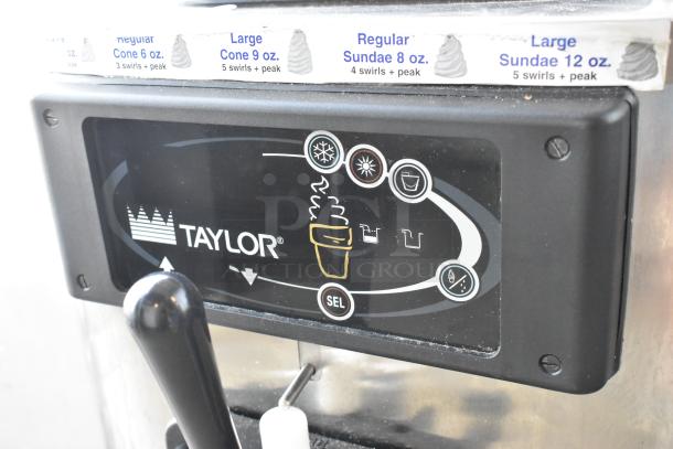 Taylor C709-27 stainless steel soft serve machine, single flavor, air-cooled, 208-230V, 1 phase, control panel details.