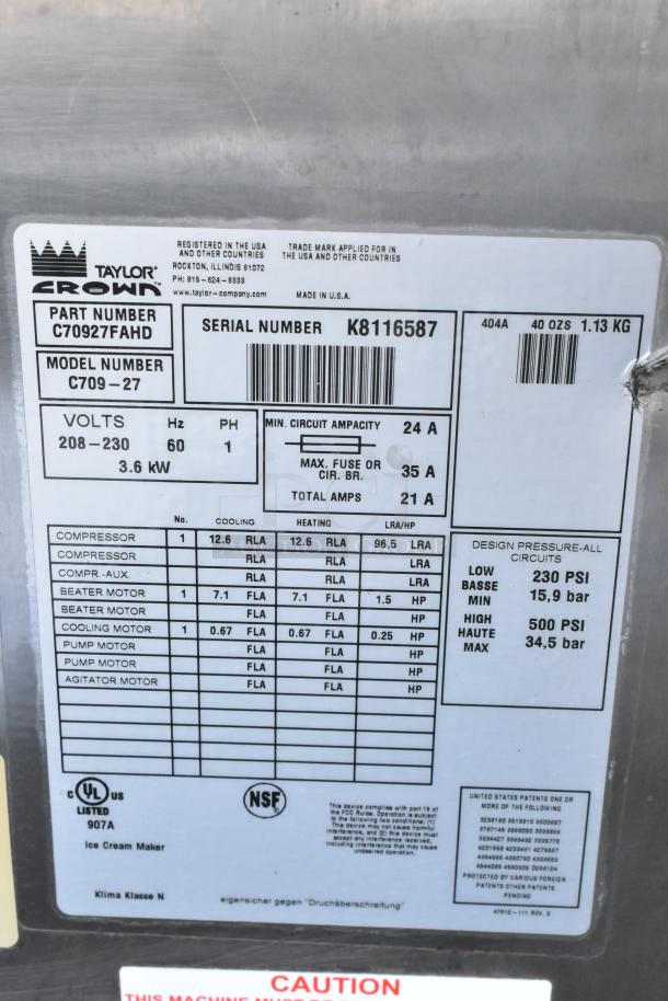 Taylor C709-27 stainless steel commercial countertop air-cooled soft serve machine, 208-230V, single flavor. Serial K8116587.