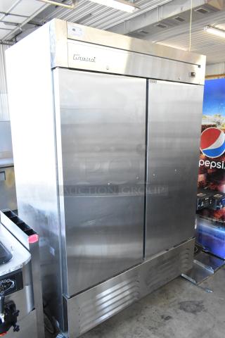 Grand GT-54R-HC stainless steel 2-door reach-in cooler with poly coated racks and commercial casters, 115V, 1 phase.