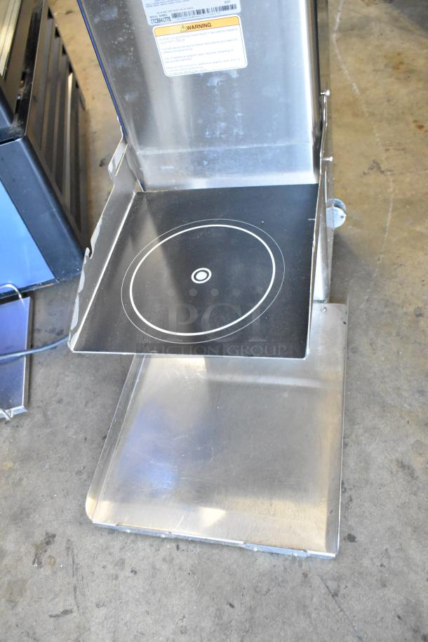 Bunn ITCB-DV stainless steel commercial countertop iced tea machine base, showing stainless material and warning label.
