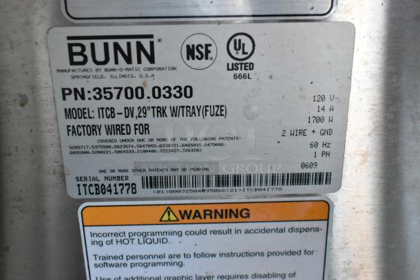 Bunn ITCB-DV Stainless Steel Iced Tea Machine label showing model and electrical specs. Features warning note and patents list.