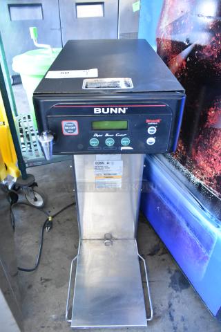 Bunn ITCB-DV stainless steel countertop iced tea machine, digital controls, 120V, 1 phase, visible model and safety labels.