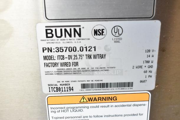 Bunn ITCB-DV stainless steel commercial iced tea machine label, 120V, 1 phase, model ITCB-DV, serial ITCB011194.