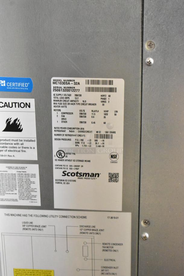 Brand new 2025 Scotsman MC1030SA-32A ice machine label, showing model details, voltage, and certifications.