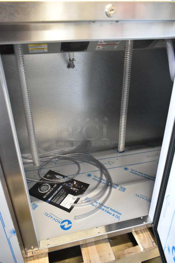 Brand new Beverage Air DD78HC-1-S kegerator; stainless steel, 4 half keg capacity, scratch and dent condition, tags visible.