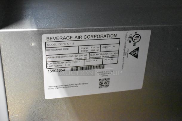 Label on Beverage-Air DD78HC-1-S kegerator with specs: R290 refrigerant, 115V, 1 phase, for commercial use, 4 half keg capacity.