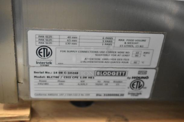 Blodgett model BLCT6E/CSII CPE 1.06 HE1 label; details on pan sizes, electrical requirements, and capacity, ETL certified.