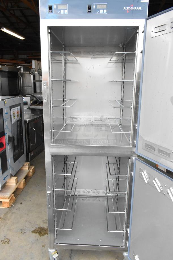2022 Alto Shaam 1200-UPS stainless steel heated holding cabinet, 120V, 1 phase, on commercial casters, dual compartments.
