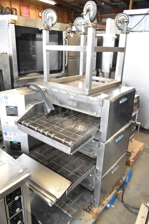 Turbochef HhC2020 stainless steel conveyor ovens with stand, 3-phase, 208/240V, on commercial casters.