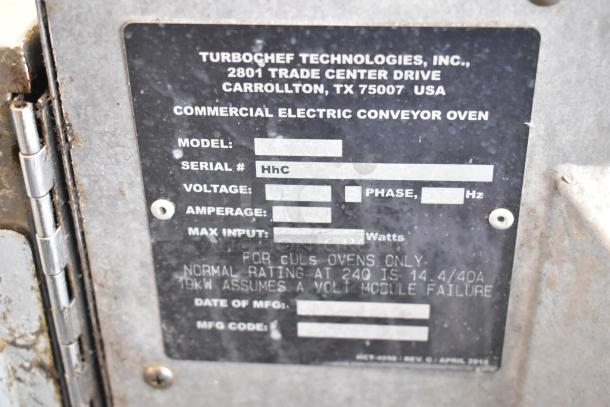 Turbochef HhC2020 commercial electric conveyor oven label, showing model, serial number, and voltage requirements.