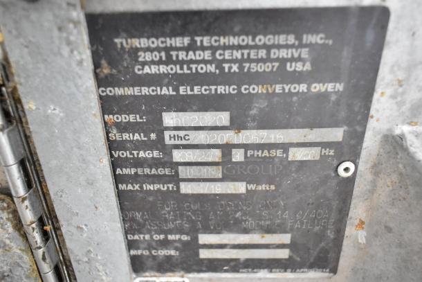 Turbochef HhC2020 stainless steel conveyor oven label, 208/240V, 3 phase, serial HhC2020F006716, with specs and brand info.