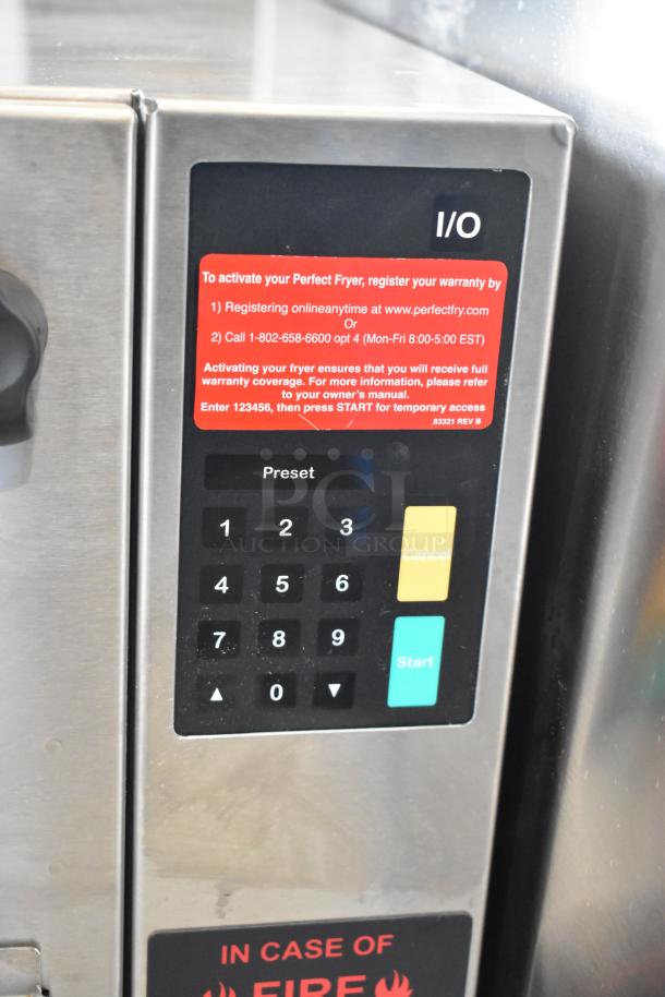 Perfect Fry PFC570 stainless steel ventless fryer, 208V 1-phase, keypad display, registration info label visible.