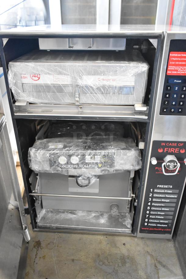 Perfect Fry PFC570 stainless steel ventless fryer, electric, countertop model. New condition, preset menu, 208V, 1 phase.