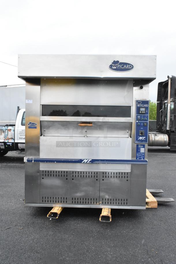 Picard MT-8-24 stainless steel propane pan revolving tray oven with hood, 180,000 BTU, commercial floor style.