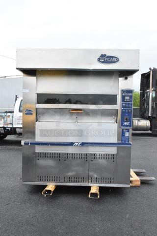 Picard MT-8-24 stainless steel propane pan revolving tray oven with hood, 180,000 BTU, commercial floor style.