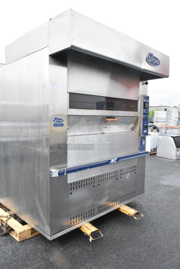 Picard MT-8-24 stainless steel propane gas oven with hood. Commercial floor style, 180,000 BTU, Picard and MT series logos visible.