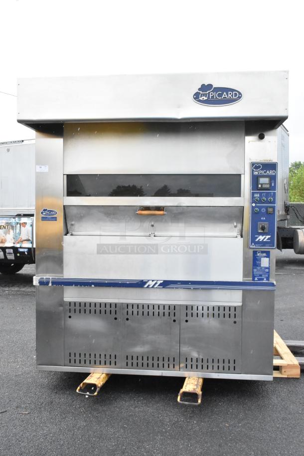 Picard MT-8-24 stainless steel propane gas pan revolving tray oven, 180,000 BTU, with hood. Features digital controls.
