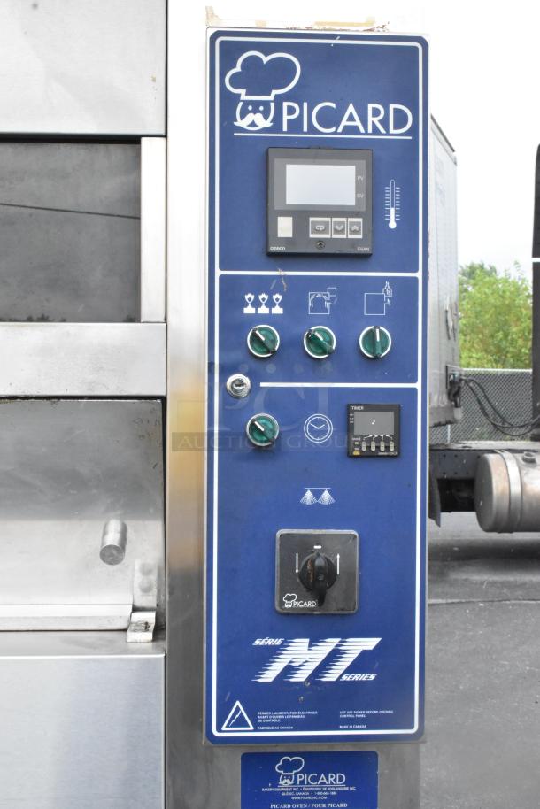 Picard MT-8-24 stainless steel propane gas pan revolving tray oven with hood, 180,000 BTU, blue control panel.