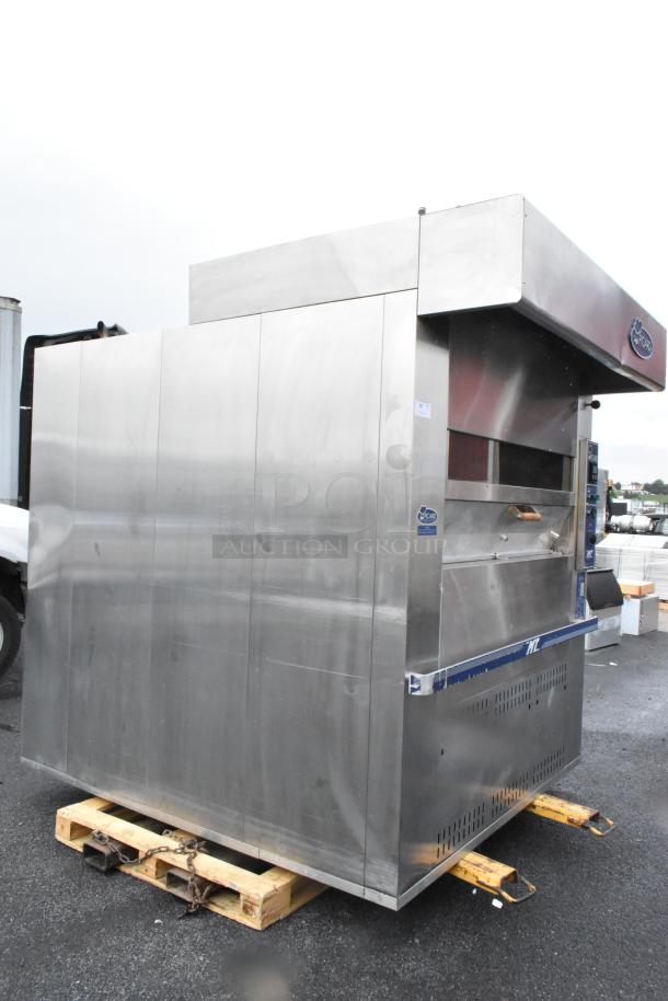 Picard MT-8-24 stainless steel propane gas revolving tray oven with hood, 180,000 BTU. Commercial floor style.