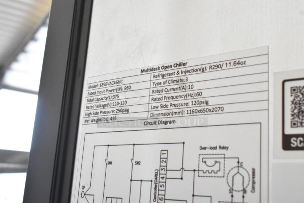 Avantco 189BVAC46HC Merchandiser specs label, showing model, power, voltage, pressure, weight, and dimensions.
