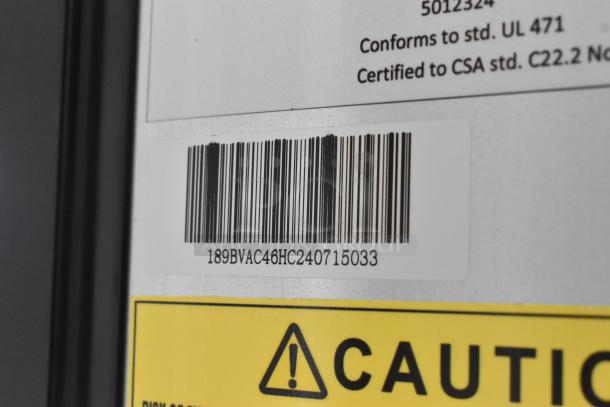 Barcode and warning label on Avantco 189BVAC46HC grab-n-go merchandiser, model number visible.