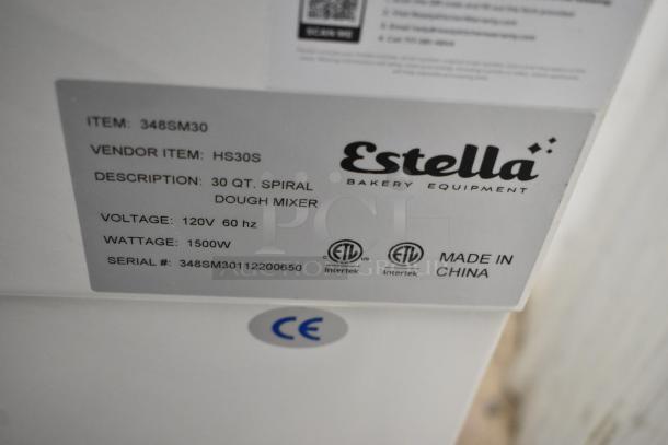 Estella 348SM30 30 Qt Spiral Dough Mixer label, showing voltage 120V, wattage 1500W, and ETL certification.