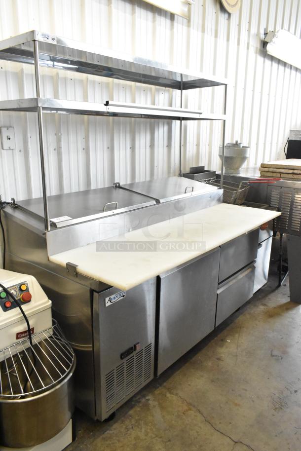 2024 Avantco 178SSPPT2 stainless steel pizza prep table with oversized cutting board, 2-tier shelf, 2 drawers, on casters.