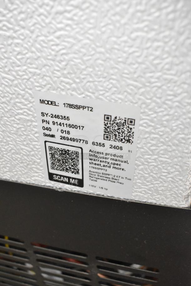 Label on Avantco 178SSPPT2 Stainless Steel Pizza Prep Table showing model, serial number, and QR code for product info.