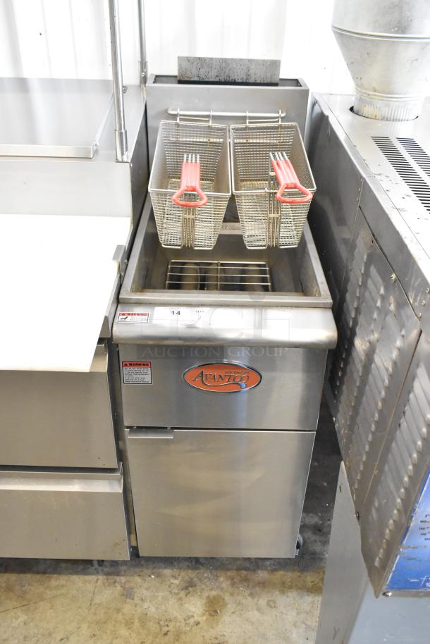 2024 Avantco 177FF40L stainless steel fryer with 2 metal baskets, propane gas powered, 90,000 BTU, on commercial casters.